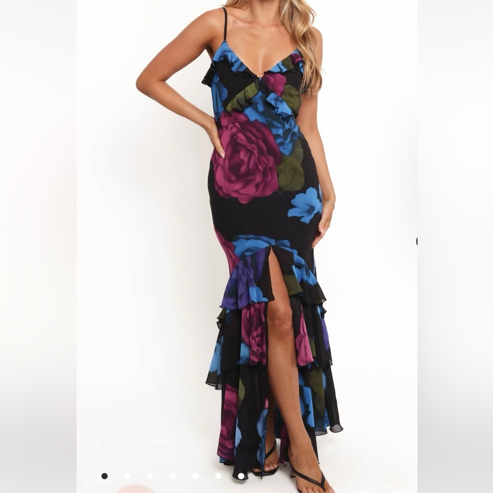Petal & Pup Black Maxi Dress with Purple and Blue Floral Design